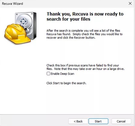 Recuva deep scan progress in the Windows UI