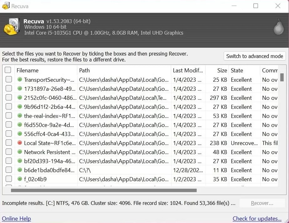 Recuva wizard interface showing file recovery options on Windows