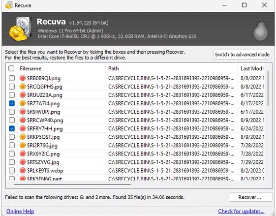 List of recoverable deleted files in Recuva