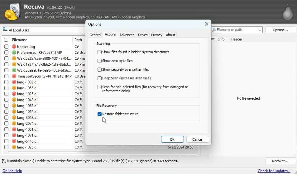 Restore folder structure option in Recuva