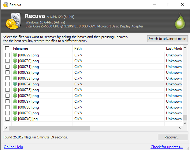 Recuva scan options