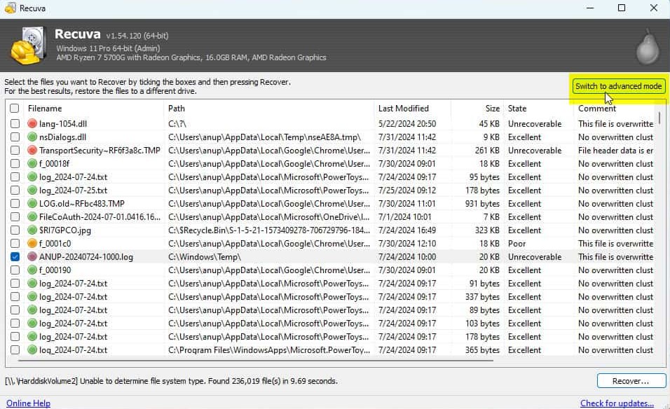 Switching Recuva to advanced mode